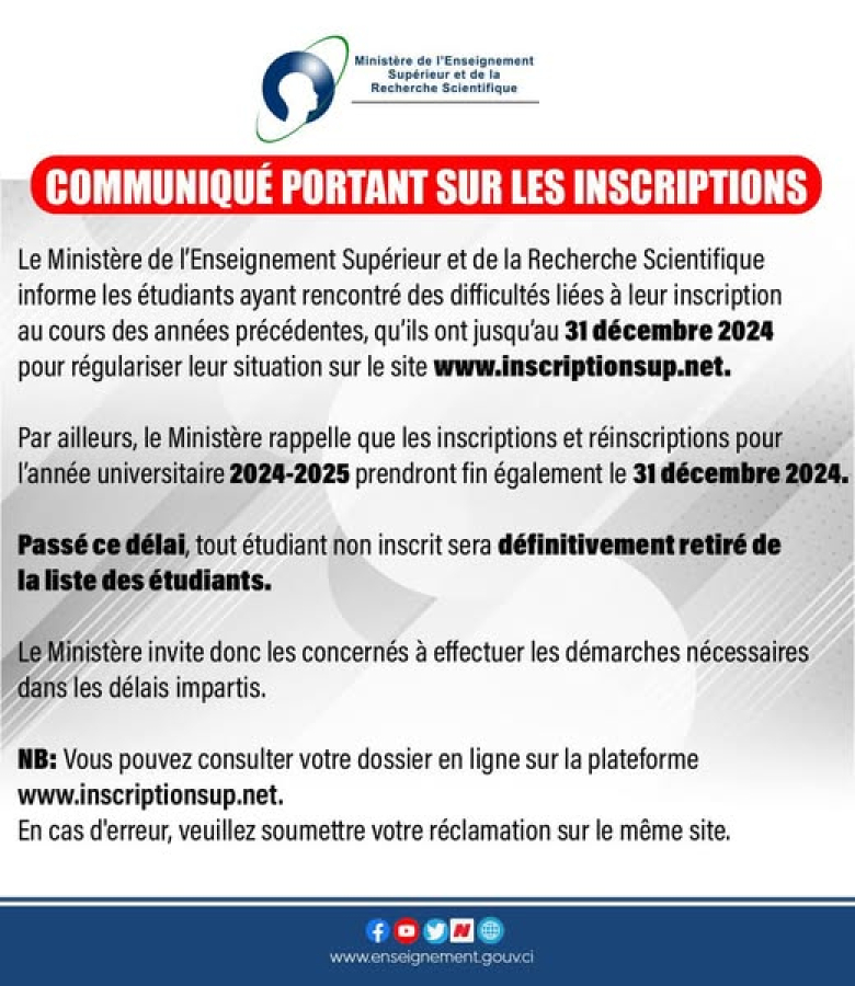 COMMUNIQUE PORTANT SUR LES INSCRIPTIONS