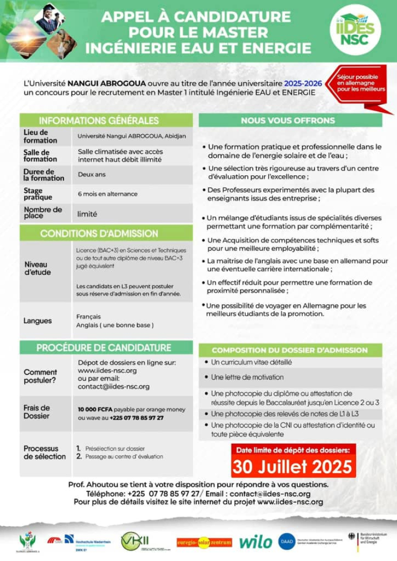 APPEL A CANDIDATURE POUR LE RECRUTEMENT EN MASTER 1 INGENIERIE EAU ET ENERGIE A L’UNA AU TITRE DE L’ANNEE UNIVERSITAIRE 2025-2026