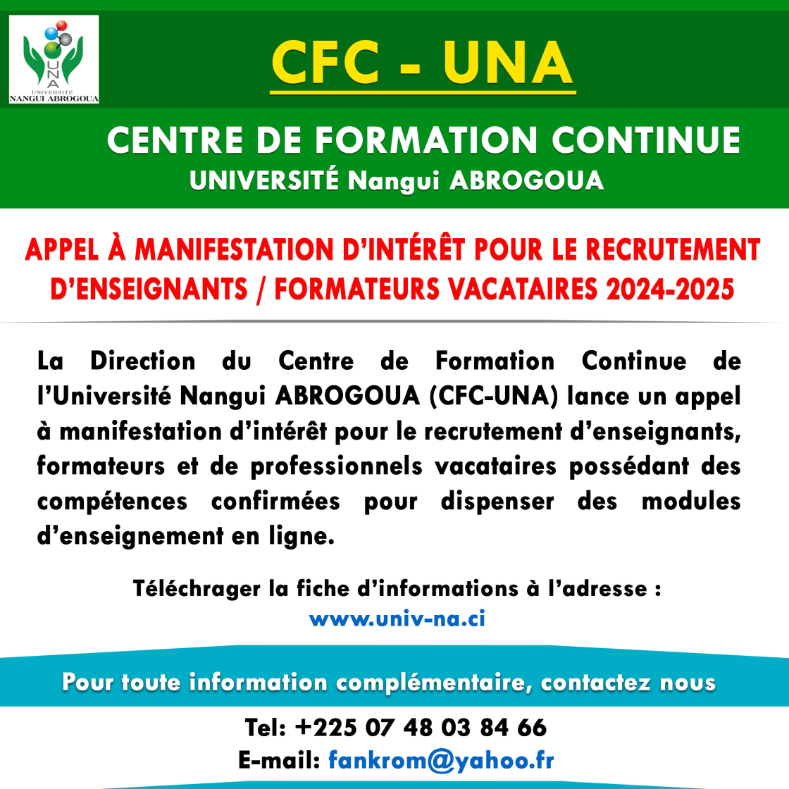 CFC-UNA / Recrutement  d’enseignants 2024-2025