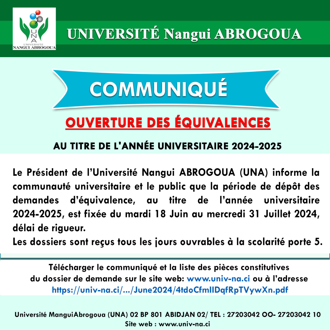 OUVERTURE DES EQUIVALENCES AU TITRE DE L'ANNEE UNIVERSITAIRE 2024-2025