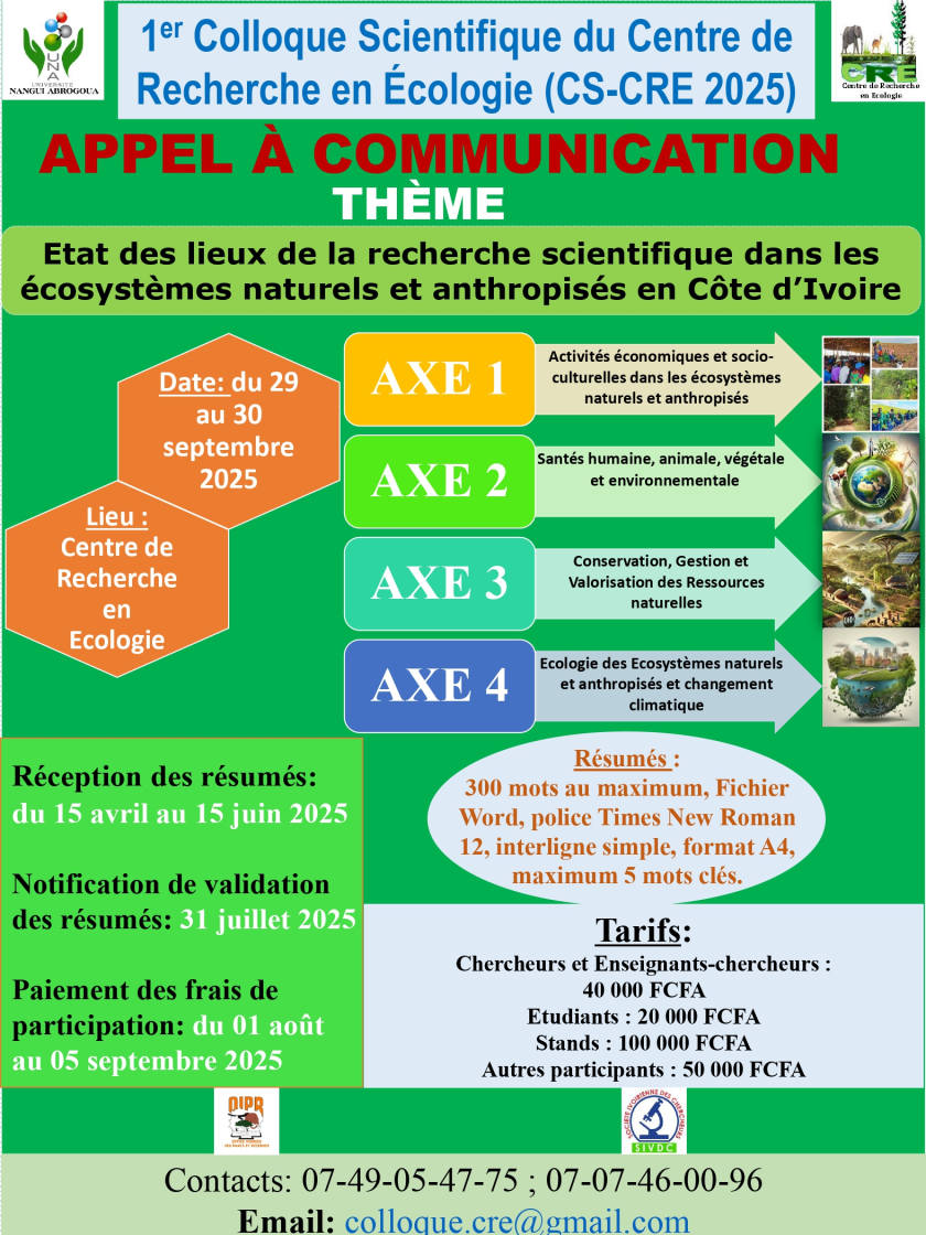 1er COLLOQUE SCIENTIFIQUE DU CENTRE DE RECHERCHE EN ÉCOLOGIE (CS-CRE 2025)